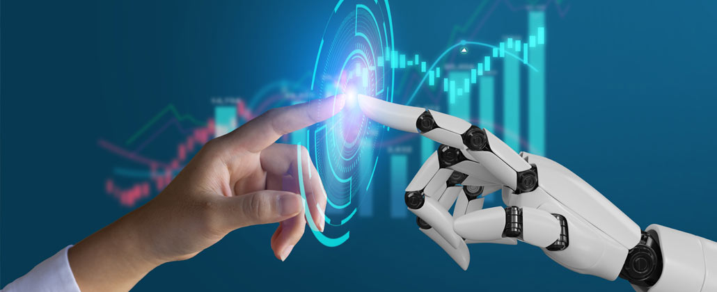 grande plano de mão humana e mão de robô a tocarem uma na outra com o indicador, fundo tecnológico